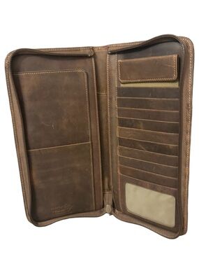 Classic Brown Full Grain Leather Zip Travel Organizer Wallet